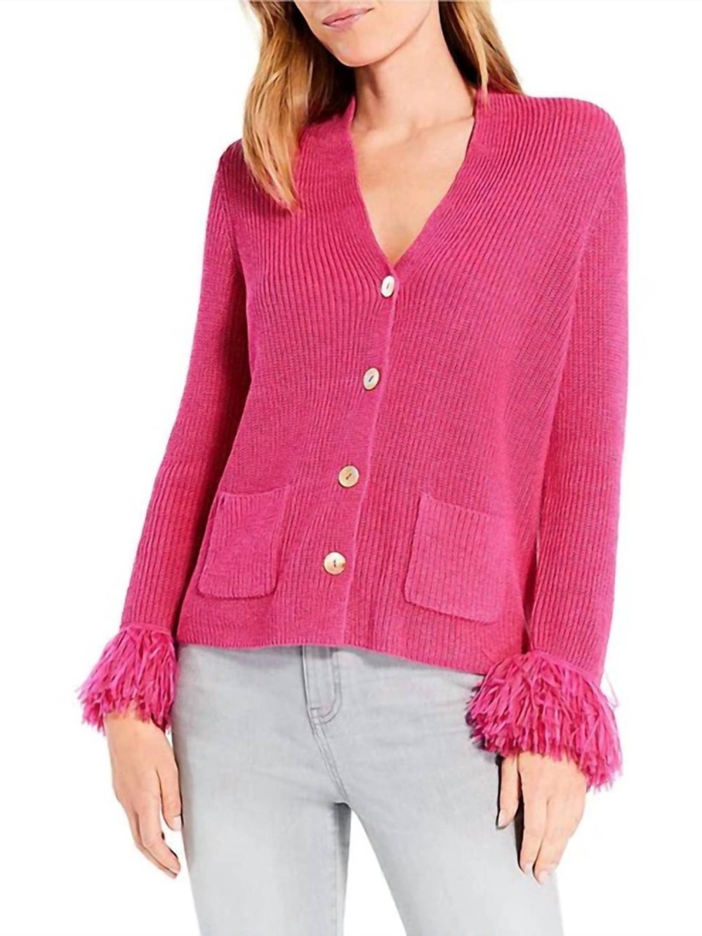 Nic + Zoe - Sasha Button Down Sweater Cardigan With Fringe Sleeves - L/XL